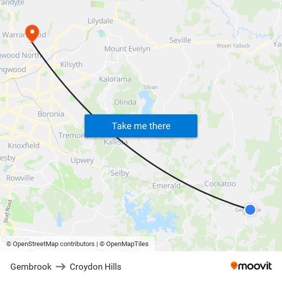 Gembrook to Croydon Hills map