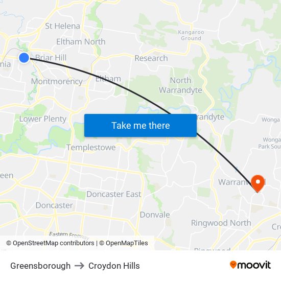 Greensborough to Croydon Hills map