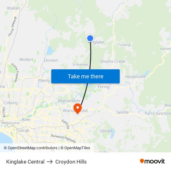 Kinglake Central to Croydon Hills map