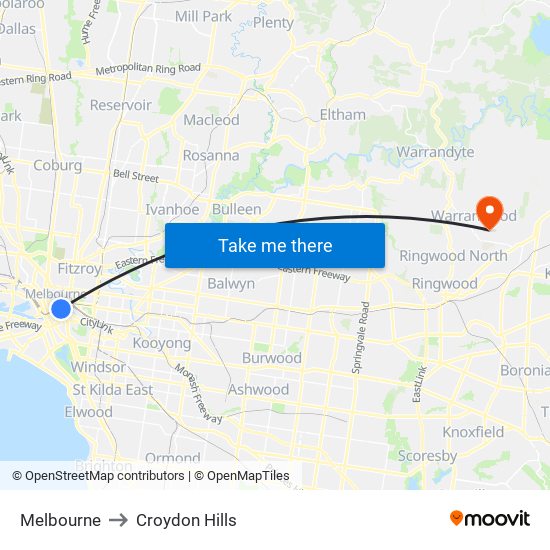 Melbourne to Croydon Hills map