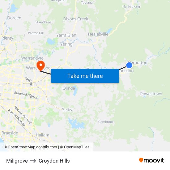 Millgrove to Croydon Hills map