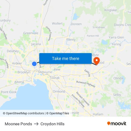 Moonee Ponds to Croydon Hills map