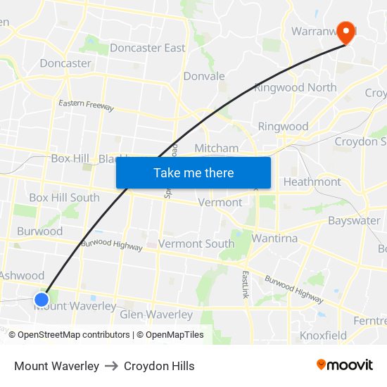 Mount Waverley to Croydon Hills map