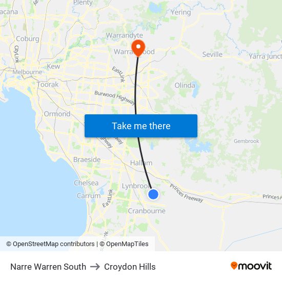 Narre Warren South to Croydon Hills map