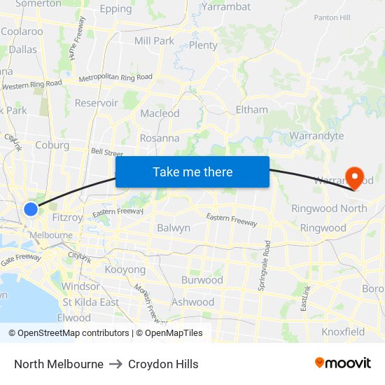 North Melbourne to Croydon Hills map