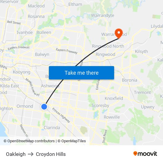 Oakleigh to Croydon Hills map