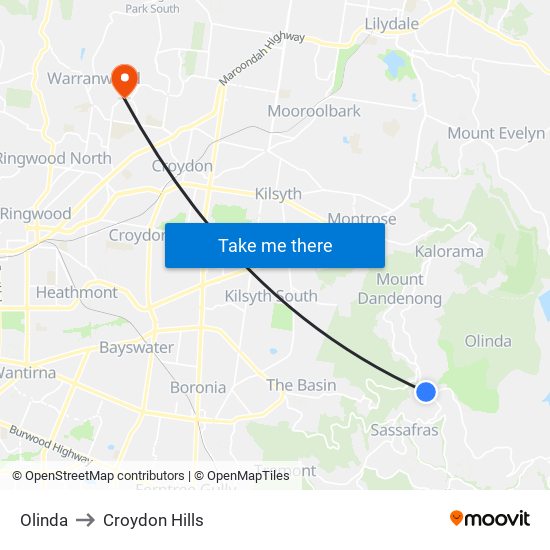 Olinda to Croydon Hills map