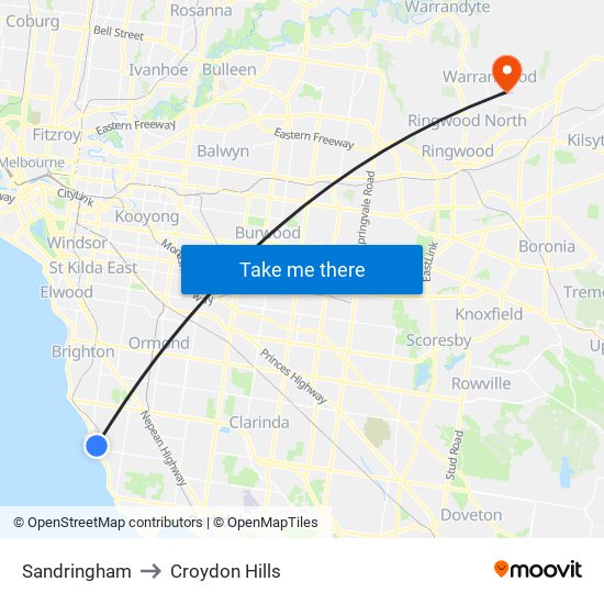 Sandringham to Croydon Hills map