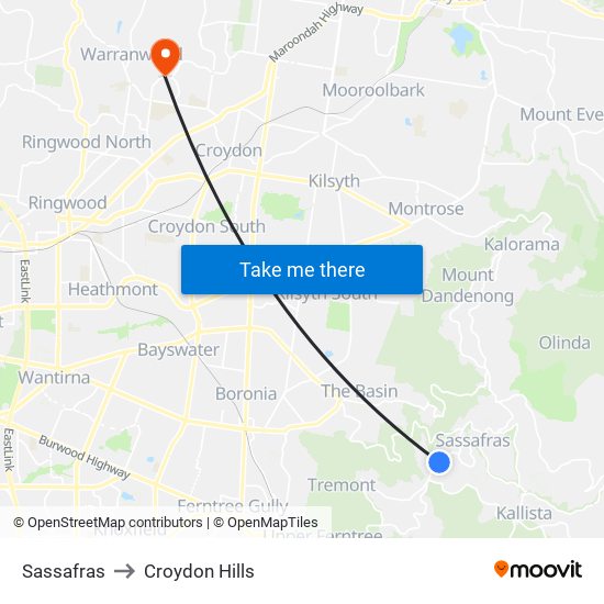 Sassafras to Croydon Hills map