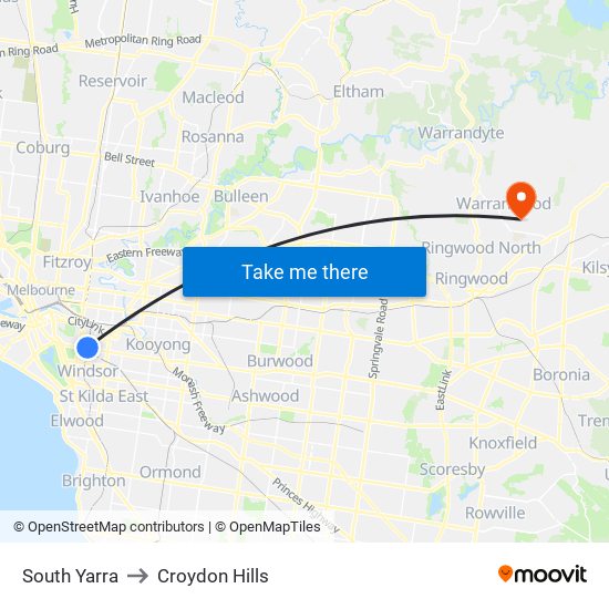 South Yarra to Croydon Hills map