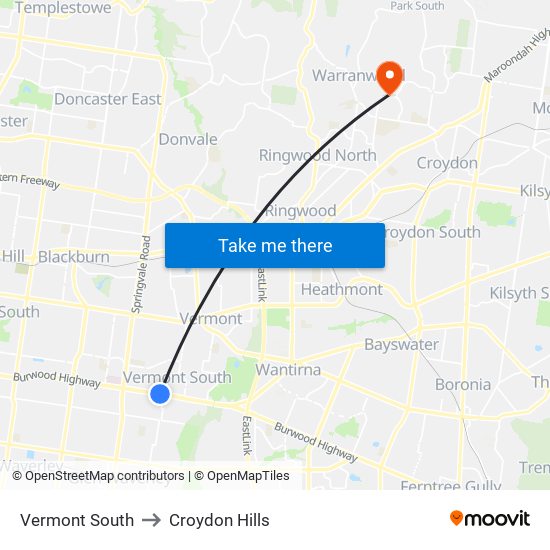 Vermont South to Croydon Hills map