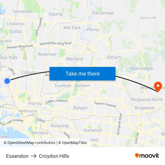 Essendon to Croydon Hills map