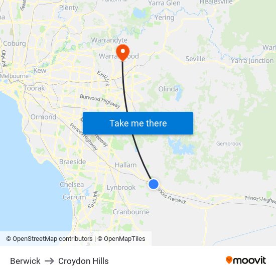 Berwick to Croydon Hills map