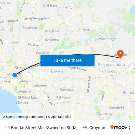 10-Bourke Street Mall/Swanston St (Melbourne City) to Croydon Hills map