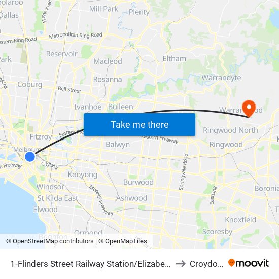 1-Flinders Street Railway Station/Elizabeth St (Melbourne City) to Croydon Hills map