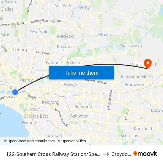 122-Southern Cross Railway Station/Spencer St (Melbourne City) to Croydon Hills map