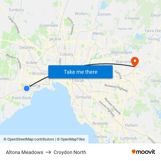 Altona Meadows to Croydon North map