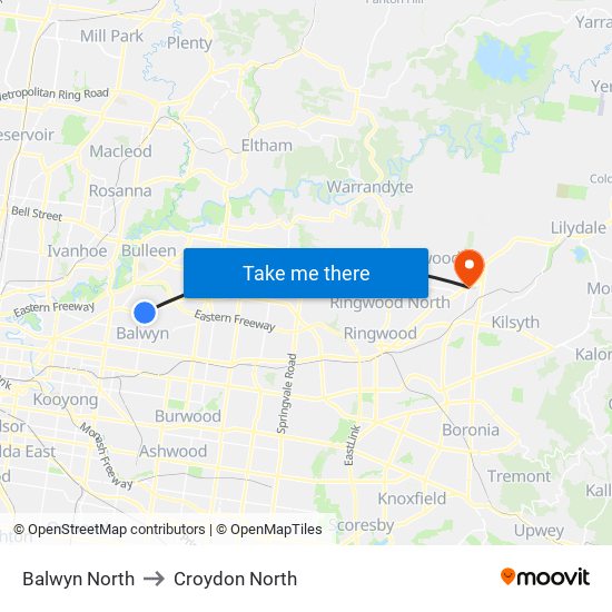 Balwyn North to Croydon North map