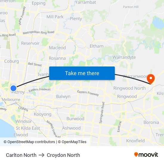 Carlton North to Croydon North map