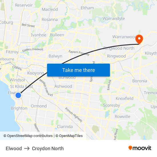 Elwood to Croydon North map