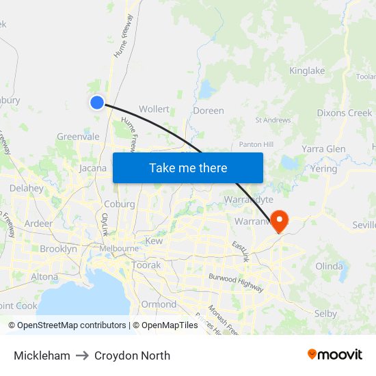 Mickleham to Croydon North map