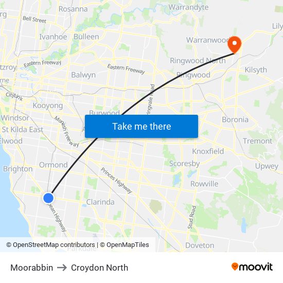 Moorabbin to Croydon North map