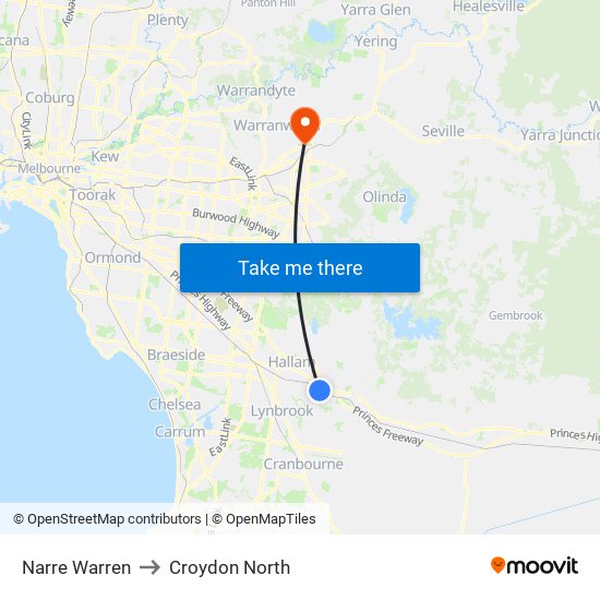 Narre Warren to Croydon North map