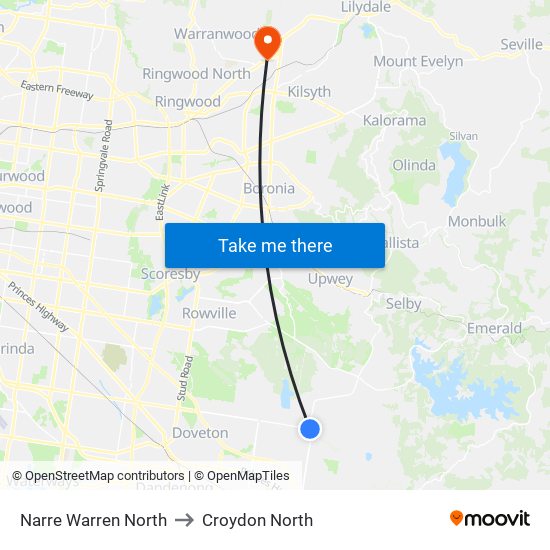 Narre Warren North to Croydon North map