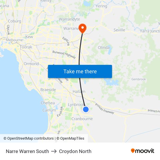 Narre Warren South to Croydon North map