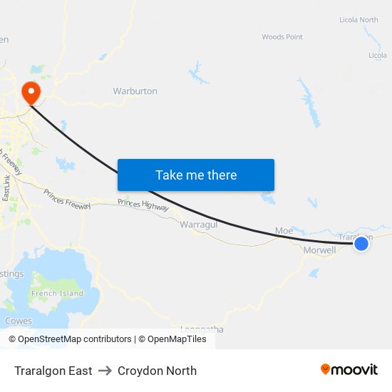 Traralgon East to Croydon North map