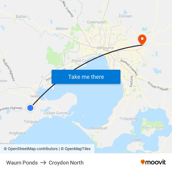 Waurn Ponds to Croydon North map