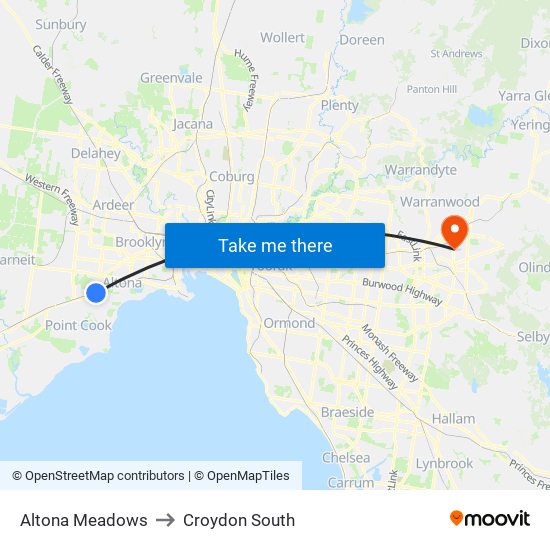 Altona Meadows to Croydon South map