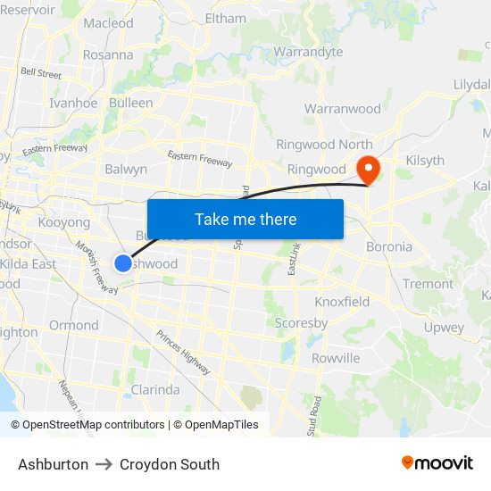 Ashburton to Croydon South map