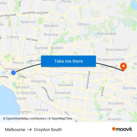 Melbourne to Croydon South map