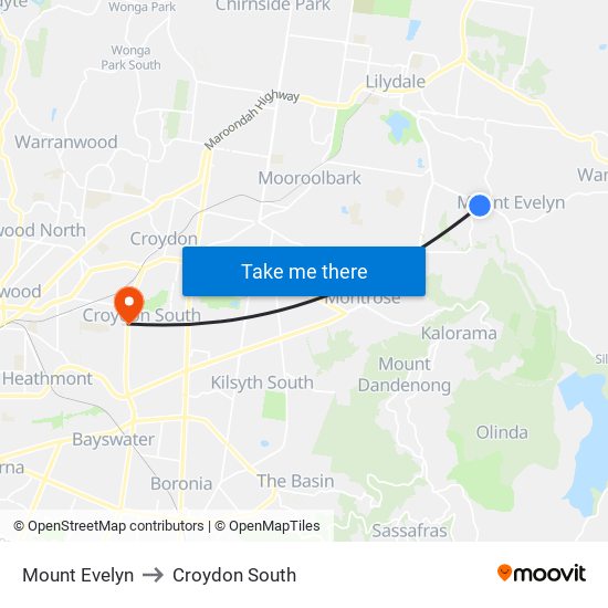 Mount Evelyn to Croydon South map