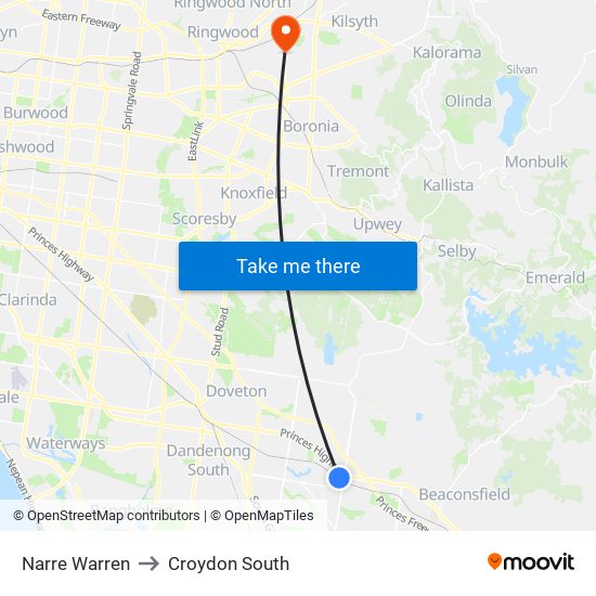 Narre Warren to Croydon South map