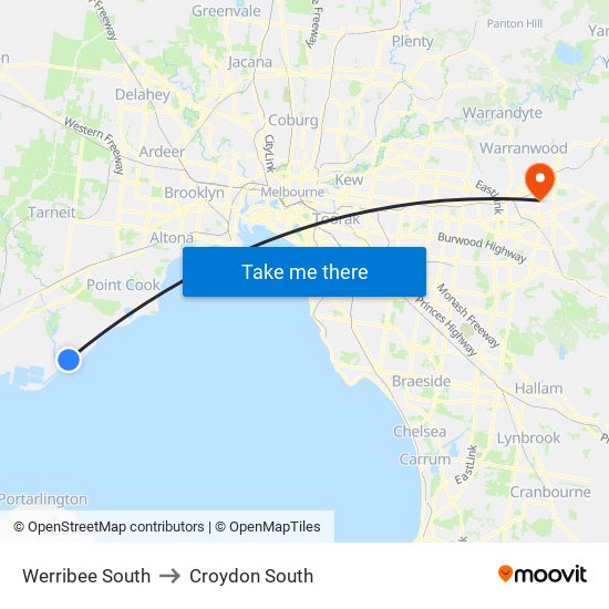 Werribee South to Croydon South map