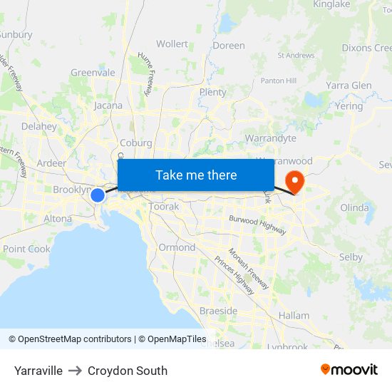 Yarraville to Croydon South map