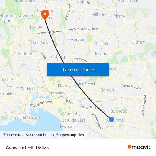 Ashwood to Dallas map