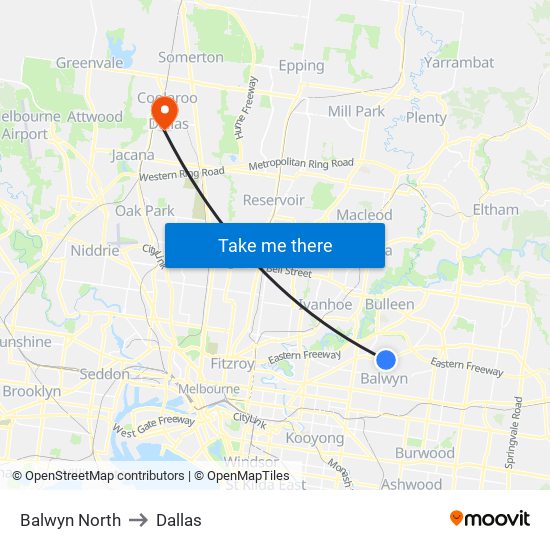 Balwyn North to Dallas map