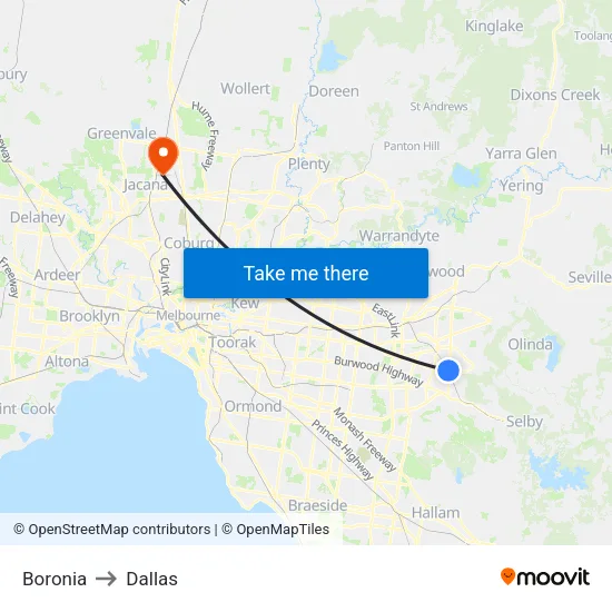 Boronia to Dallas map