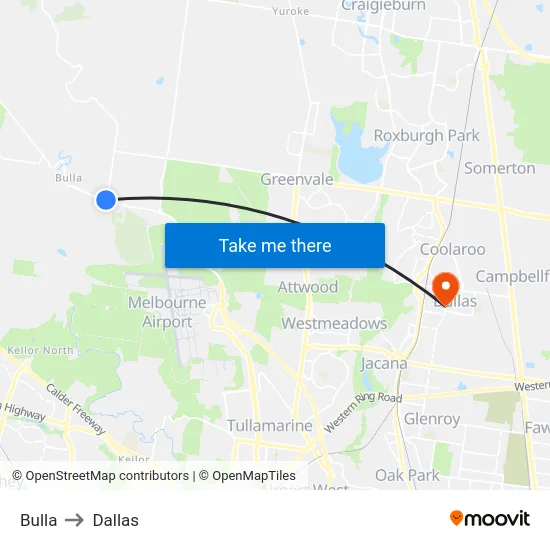Bulla to Dallas map
