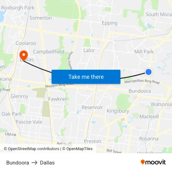 Bundoora to Dallas map
