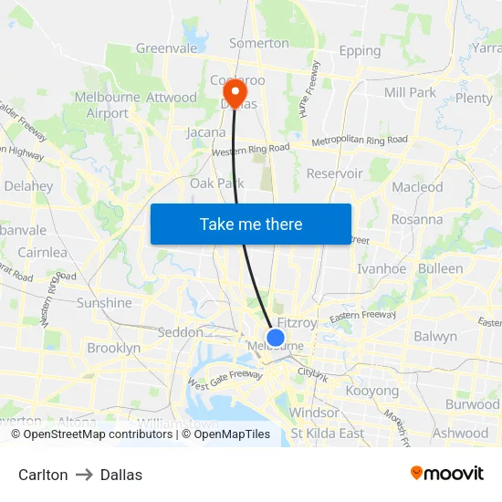 Carlton to Dallas map