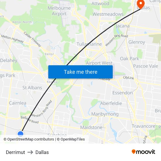 Derrimut to Dallas map