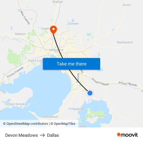 Devon Meadows to Dallas map