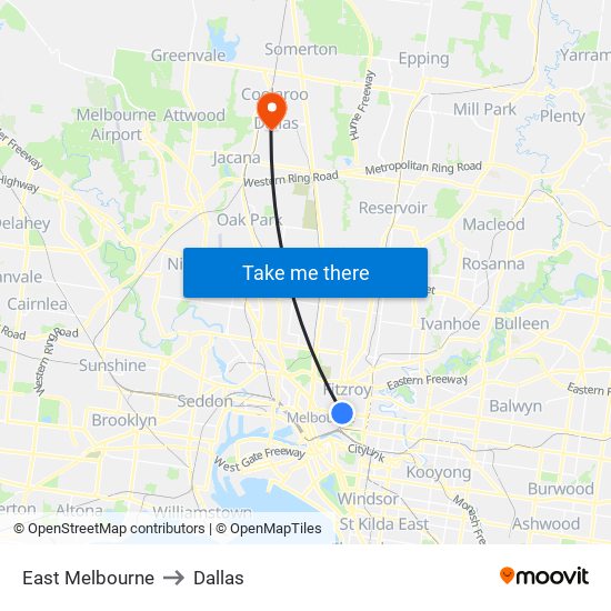East Melbourne to Dallas map