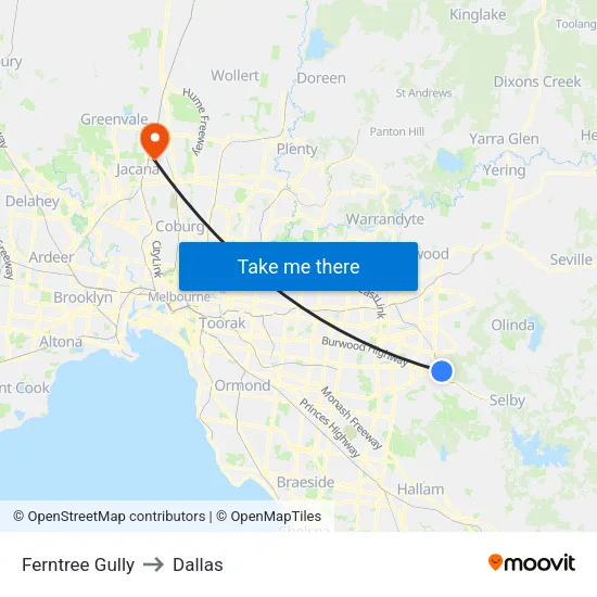 Ferntree Gully to Dallas map