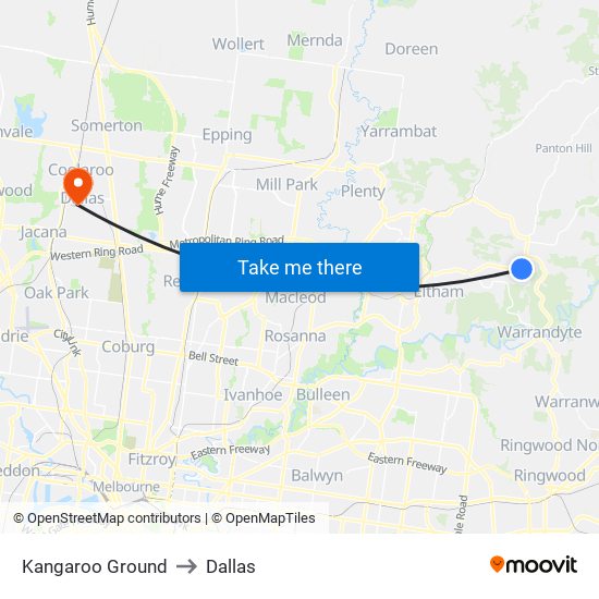 Kangaroo Ground to Dallas map