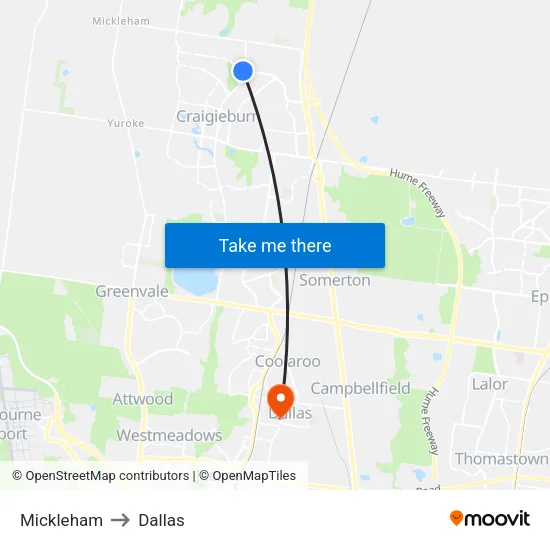 Mickleham to Dallas map